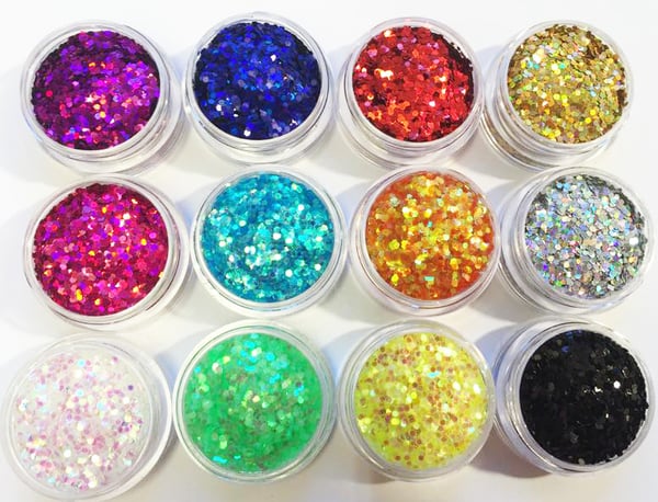 12 bokser med hexagon glitter