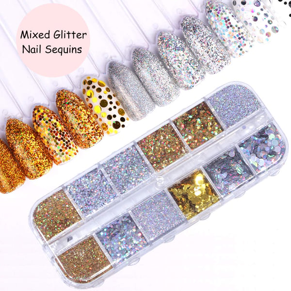 12 negler glitter glitter i boks, Negledekorasjoner