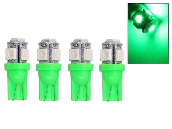 T10 w5w vihreät LED-polttimot, joissa 5 kpl 5050SMD-sirua, 12V DC, 4 kpl pakkaus