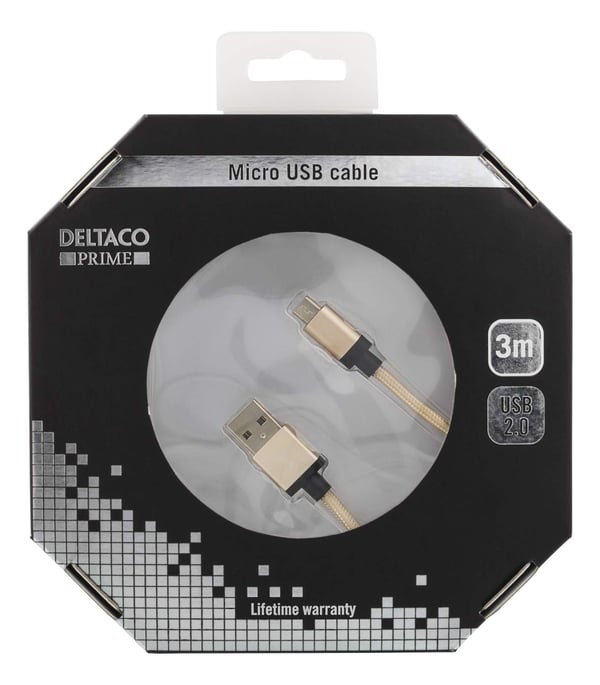 DELTACO PRIME USB-synkronointi-/latauskaapeli, kangaspäällysteinen, 3 m, kulta