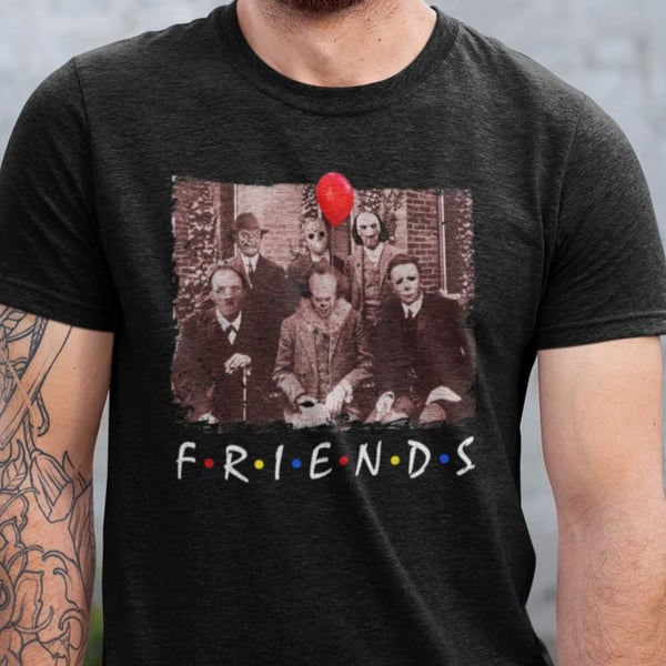 Svart skräckfilm t-shirt Pennywise Jason Jigsaw & friends