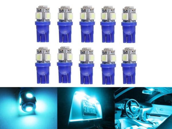 T10 w5w LED-polttimot, joissa 5 kpl jäänsinistä 5050SMD-sirua, 12V DC, 10 kpl pakkaus.