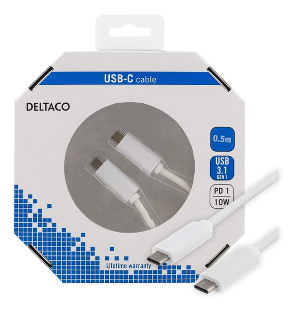 DELTACO USB 3.1 kabel, Gen 1, Type C - Type C, 0,5m, 3A, hvid