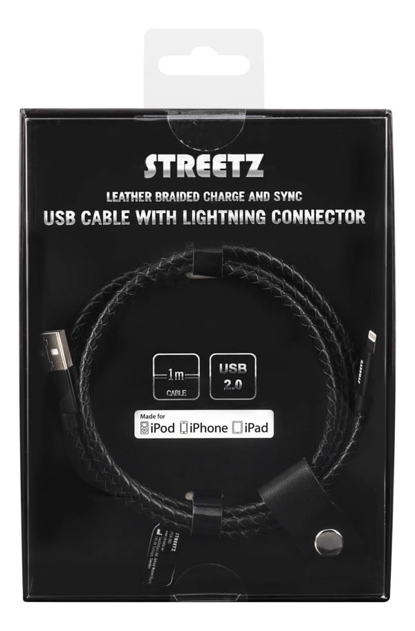 STREETZ IPLH-582 synk-/ladekabel læderbeklædt, MFi 1m