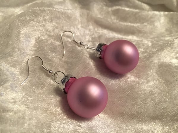 Silver Örhängen till Jul/Christmas - Ljus Rosa Matta Julkulor