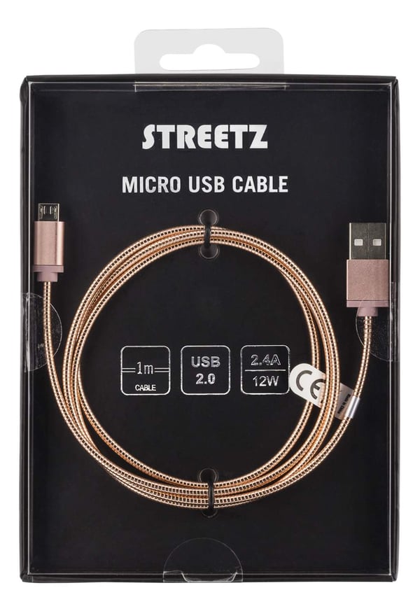 STREETZ USB-synkronointi-/latauskaapeli, metallipäällysteinen Micro USB 1m