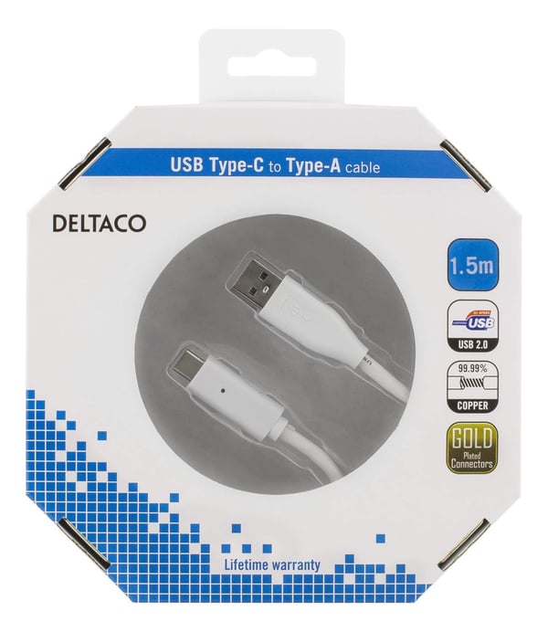 DELTACO USB 2.0 kabel, Type C - Type A ha, 1,5m, hvid