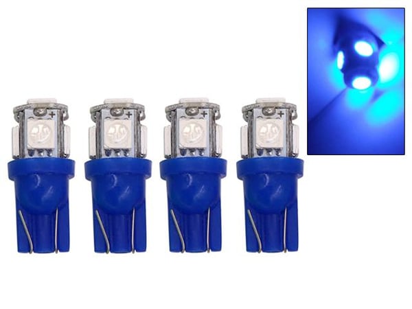 T10 w5w siniset LED-polttimot, joissa 5 kpl 5050SMD-sirua, 12V DC, 4 kpl pakkaus