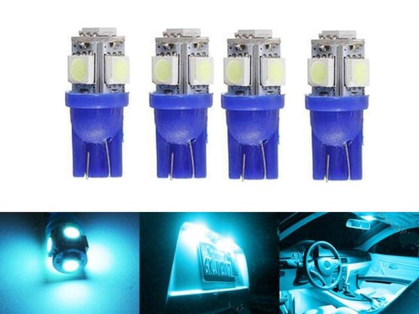 T10 w5w jäänsiniset LED-polttimot, joissa 5 kpl 5050SMD-sirua, 12V DC, 4 kpl pakkaus.