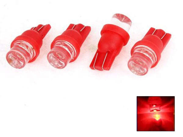 T10 w5w 4-pack LED-lampor med 1 st Flux-chip, röda, 12V DC.