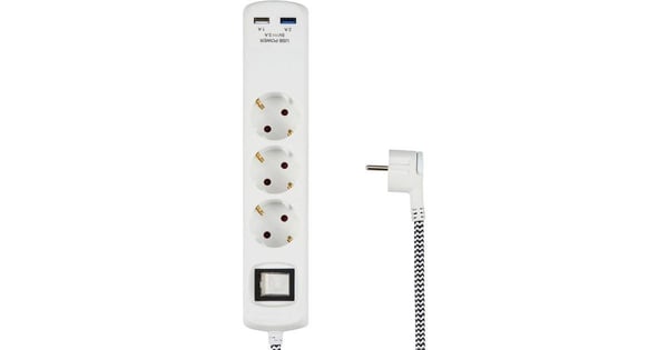 Jatkojohto kahdella USB-liitännällä 2A+1A. Valkoinen. Tekstiilijohto