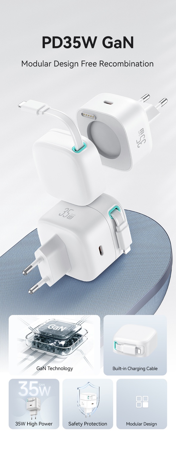 iPhone hurtigoplader kompatibel PD35W - Dual Port GaN med udtrækkeligt kabel