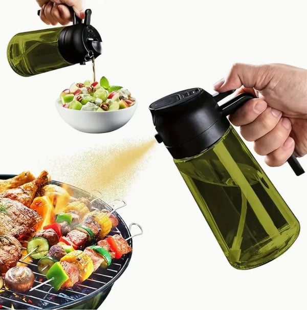 2-i-1 Oliespray & Dispenser – Mørk Glasflaske til Madlavning & Grillning