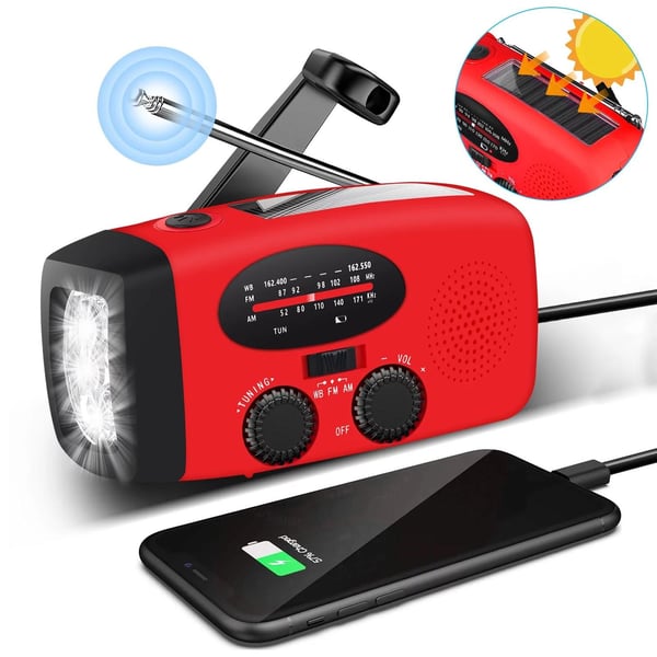 Kampiradio aurinkokennoilla, taskulampulla ja 2000 mAh Powerbank SOS