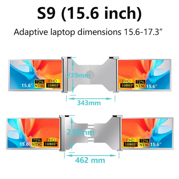 Bærbar trippelskræm 15.6" til bærbar computer – Full HD 1080p,  nem installation, portabel skærm kontor spil gaming trading triscreen