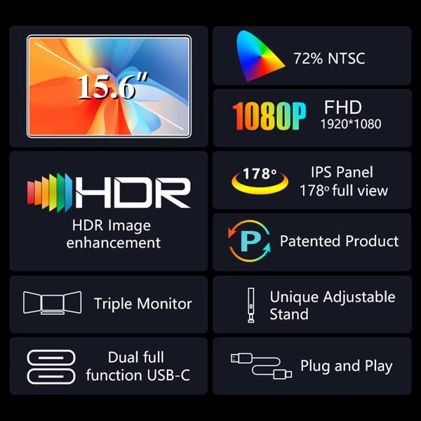 Bærbar trippelskræm 15.6" til bærbar computer – Full HD 1080p,  nem installation, portabel skærm kontor spil gaming trading triscreen
