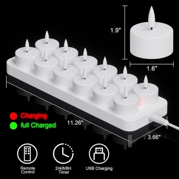 12-pack uppladdningsbara LED ljus värmeljus med fjärrkontroll och timer utan låga ladda – fladdrande värme ljus Halloween, jul och festdekorationer