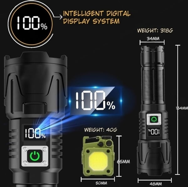 2-Pack LED Ficklampa A09 set – 6000 Lumen, 50W, Uppladdningsbar & Taktisk & COB survival