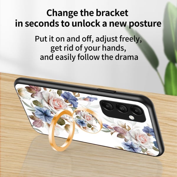 Til Samsung Galaxy A35 Herdet Glassdeksel Ring Kickstand Mobiltelefonveske - Hvit Blomst