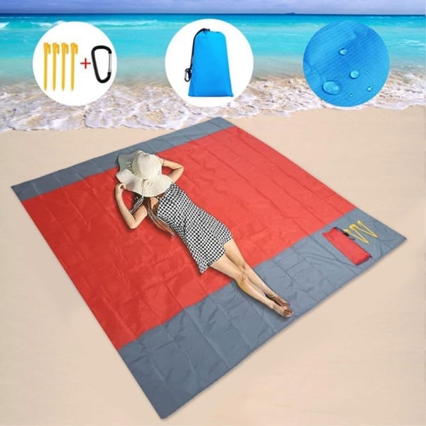 Stort strandteppe 210x200cm sandtett vanntett lett utendørs teppe rød