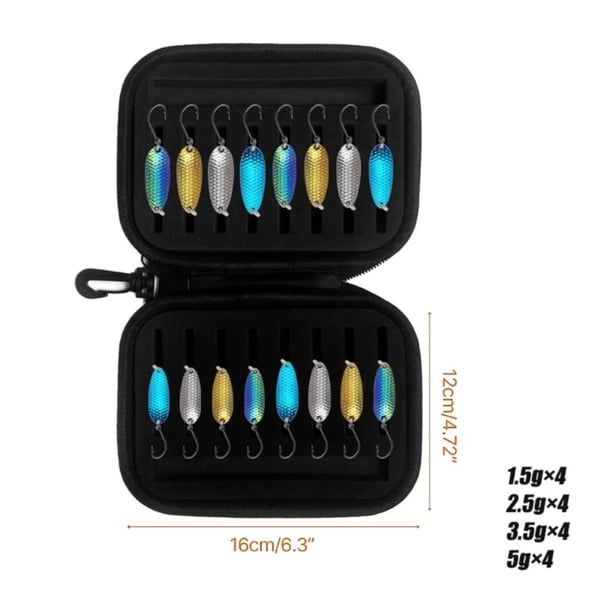 16 stk 1,5 g 2,5 g 3,5 g 5 g ørretfiskeagn spinner drag med oppbevaringspose