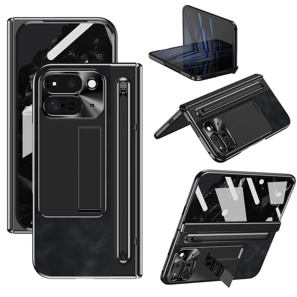 For Google Pixel 9 Pro Fold 5G deksel Kickstand Skinn+PC - veske med herdet glass og styluspenn - svart