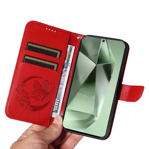 Til Samsung Galaxy S24 FE Deksel Stativ Lommebok - deksel Sommerfuglemønster - Rød