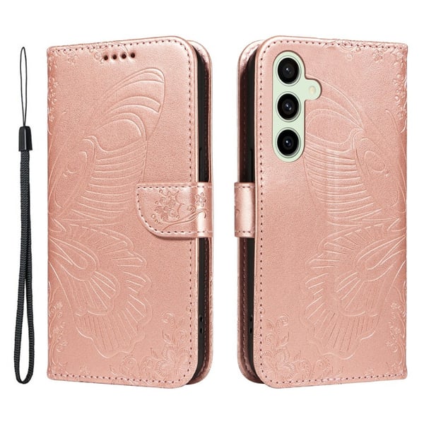 Til Samsung Galaxy S24 FE Dekselsett Lommebok - deksel Sommerfuglemønster - RoseGold