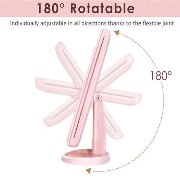 3 - sidig sammenleggbar sminkespeil dimbar lys 22LED bordspeil speil - rosa