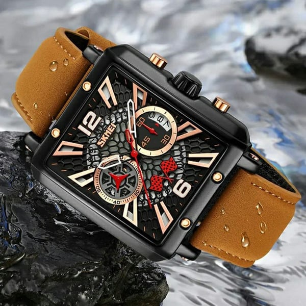 SKMEI Armbåndsur Til Mænd Læderrem Firkantet Quartz Ur - Sort+Blå