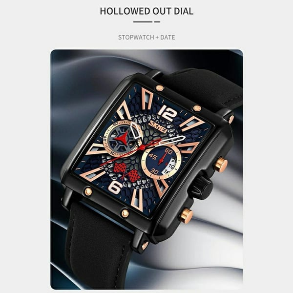 SKMEI Armbåndsur Til Mænd Læderrem Firkantet Quartz Ur - Sort+Blå