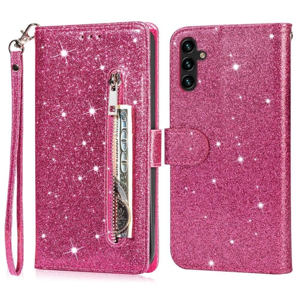 Samsung Galaxy A56 5G Taittuva Glitter-Suojakotelo Vetoketjutaskulla – Rose