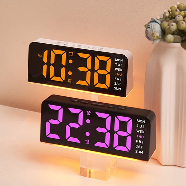 LED-klokke digital vekkerklokke stor skjerm dato temperatur vekkerklokke - Hvitt / Rosa lys