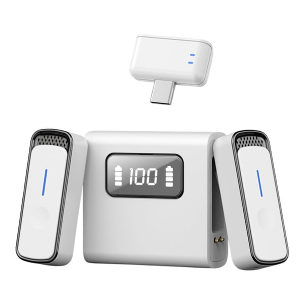 USB-C trådløs lavalier støydempende ladeetui med 2 mikrofoner, hvitt og svart