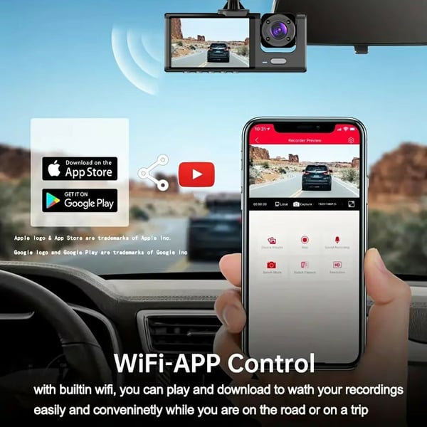 WIFI bildashkamera HD 1080P foran/innvendig/bak 3 linser bil-DVR parkeringsopptaker