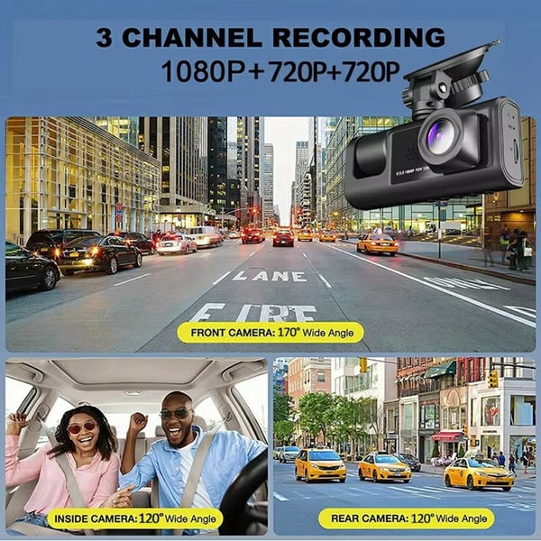 WIFI bildashkamera HD 1080P foran/innvendig/bak 3 linser bil-DVR parkeringsopptaker
