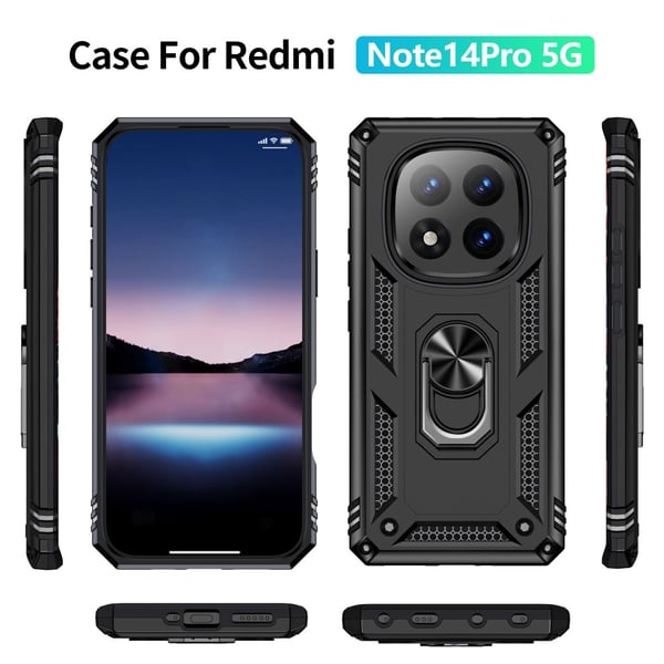 For Xiaomi Redmi Note 14 Pro 5G / Poco X7 5G Deksel PC + TPU Telefondeksel med Roterende Ring Kickstand - Svart
