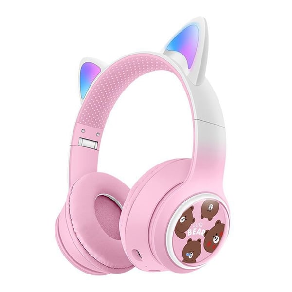 Trådløse On-Ear-hodetelefoner med glødende katteører og Bluetooth-spillhodesett – rosa