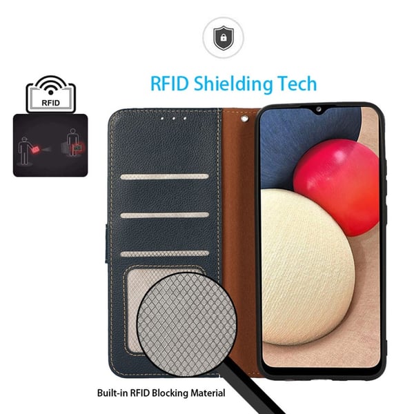 KHAZNEH Til Xiaomi Redmi 15C Etui RFID-blokkerende telefonlærfutteral Blå/Brun