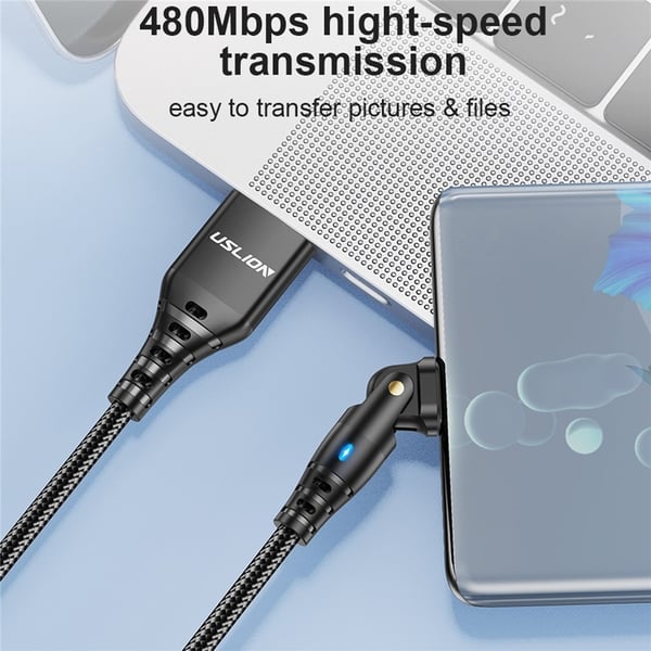 USB-A - USB-C -latauskaapeli 2 m, 180 astetta kääntyvä kulmapää, 3A