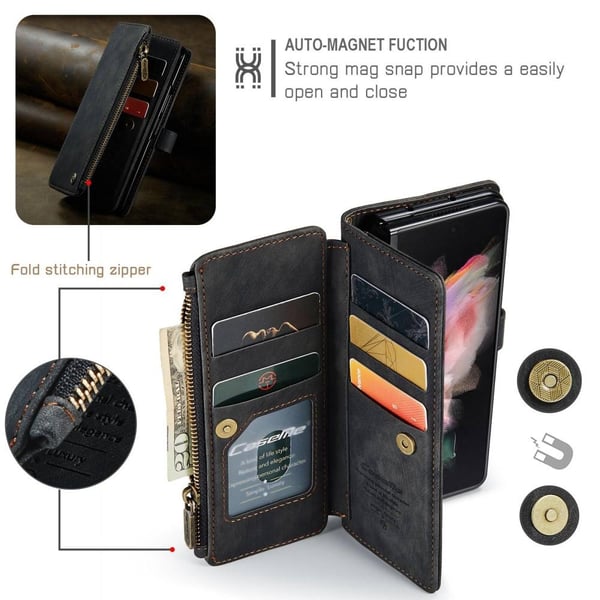 Samsung Galaxy Z Fold 3 CASEME Retro lær lommebok - deksel Svart