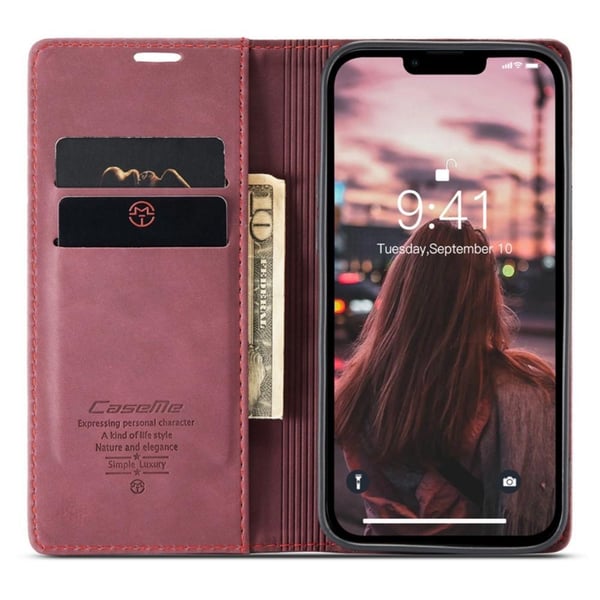 CASEME Retro lompakkokotelo iPhone 14 - Punainen