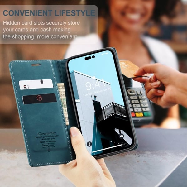CASEME Retro Lompakkokotelo iPhone 14 Pro Max - Sininen
