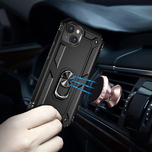 iPhone 14 Hybrid Deksel Med Fingerring & Metallplate - Svart