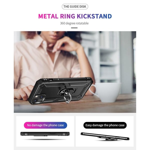 iPhone 14 Hybrid Deksel Med Fingerring & Metallplate - Svart