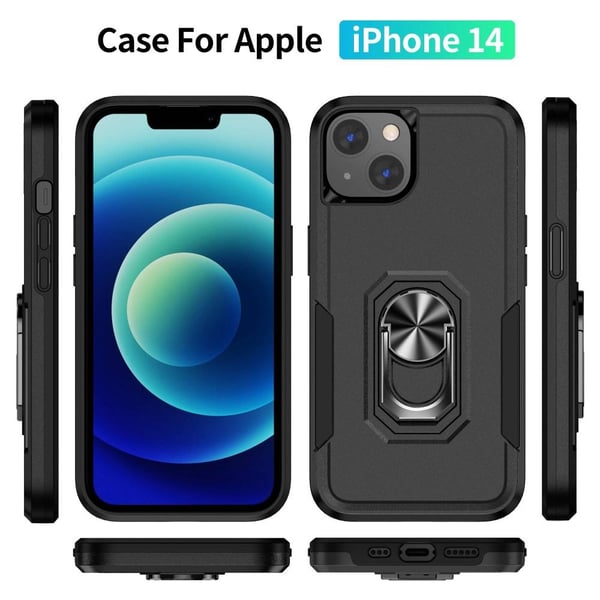 iPhone 14 Hybrid Deksel Med Fingerring & Metallplate - Svart
