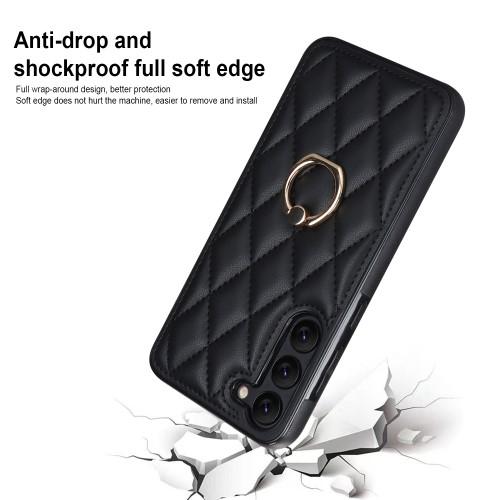 Samsung Galaxy S23 Etui Rhombus Grid Mønster Bagdæksring Stativ - Sort