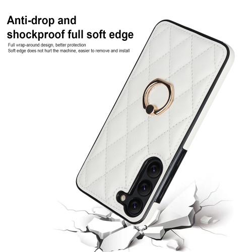Samsung Galaxy S23 Rhombus Grid Mønsterveske Fingerring - Hvit