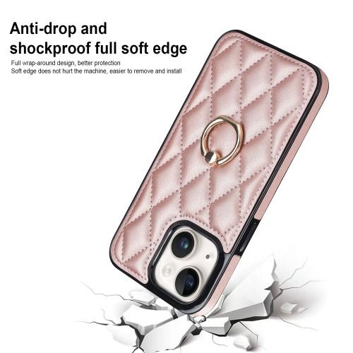 iPhone 14 Rhombus Rhombus Mønster Deksel FingerRing - Rose Gull