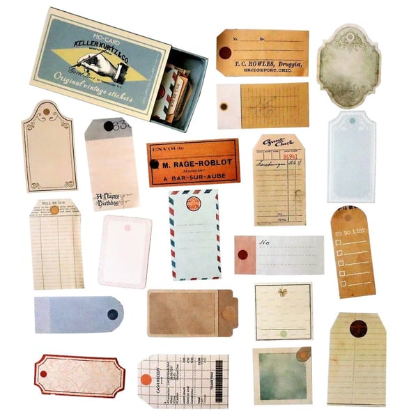 60x Klisteretiketter i Æske, Vintage - Nr. 3